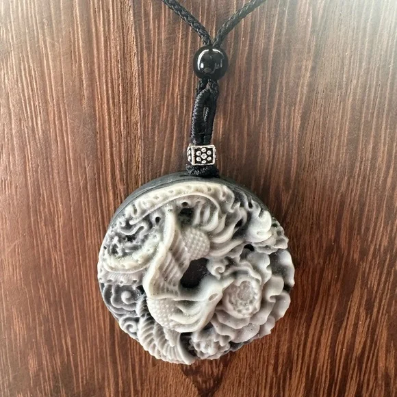 Tai Chi Stone Phoenix an Dragon Pendant Necklace on Black Adjustable Rope - Picture 11 of 13